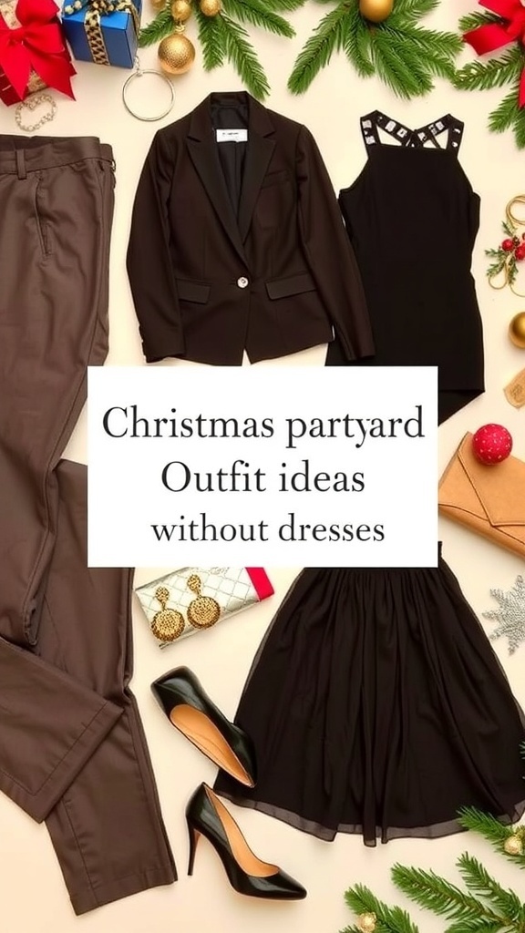 Flat lay of Christmas party outfit ideas including trousers, jumpsuit, and accessories on a festive background.